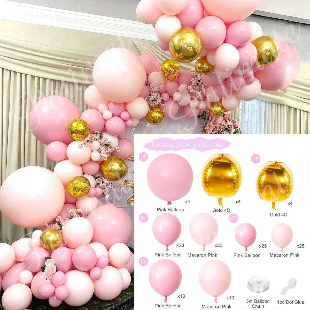 Kit Arco de Globos Rosa y Dorado Premium – 124 Piezas